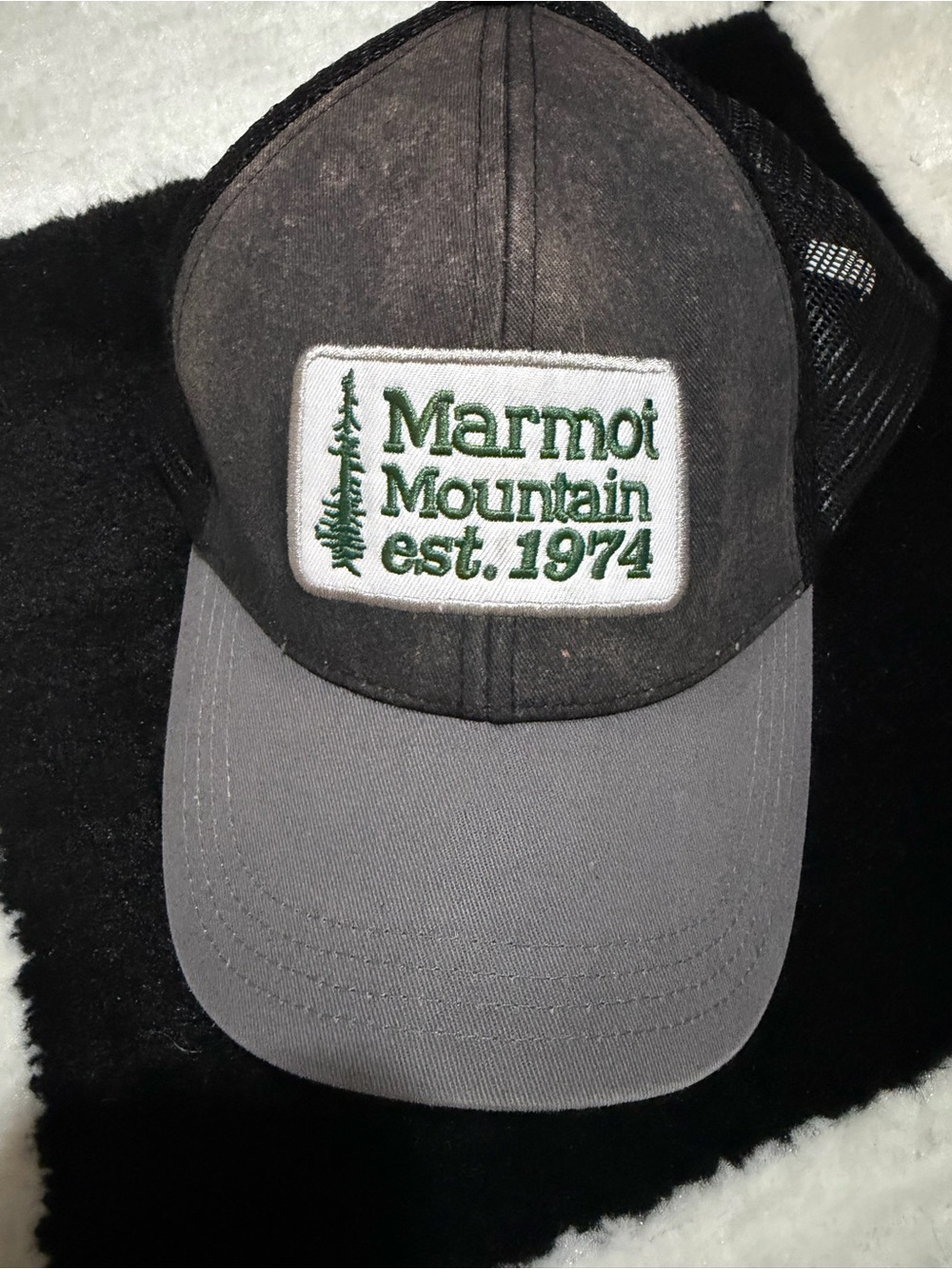 Marmot Gray and Black Trucker Hat with Green Logo Patch